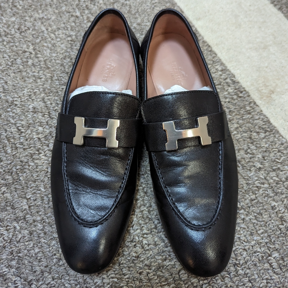 Authentic black and silver Hermes Paris women's loafers in size 36